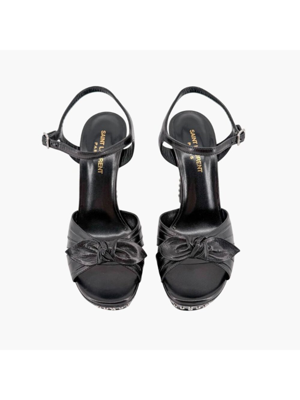 Saint Laurent Crystal Platform Sandals Heels Black Leather Size 39.5 US 9.5 Bow - Picture 3 of 16